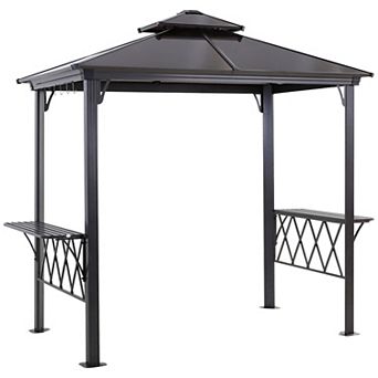 Outsunny 8.3ft Outdoor Double-tier Grill Canopy BBQ Gazebo w/ 2 Shelf, 6 Hooker