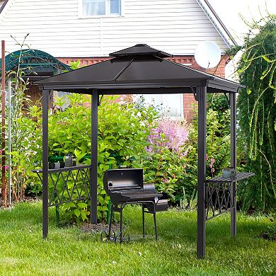 Outsunny 8.3ft Outdoor Double-tier Grill Canopy BBQ Gazebo w/ 2 Shelf, 6 Hooker