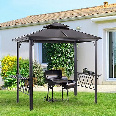 Outsunny 8.3ft Outdoor Double-tier Grill Canopy BBQ Gazebo w/ 2 Shelf, 6 Hooker