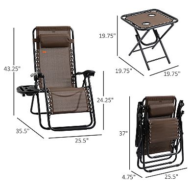 Zero Gravity Lounger Chair Folding Reclining Patio Chair W/ Side Table, Brown