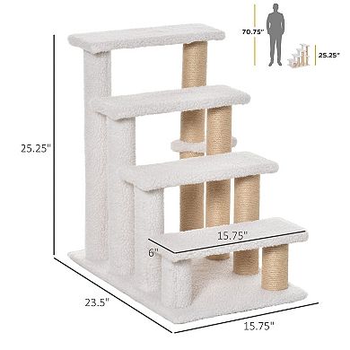 PawHut 4 Levels Cat Steps Pet Stairs Carpeted Ladder Cat Tree Climber with Scratching Posts Small Platform Hanging Ball for High Bed Sofa White