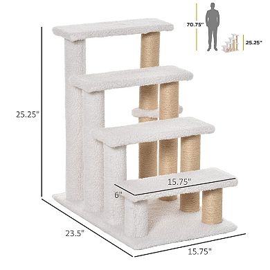 PawHut 4 Levels Cat Steps Pet Stairs Carpeted Ladder Cat Tree Climber with Scratching Posts Small Platform Hanging Ball for High Bed Sofa White