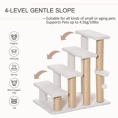 PawHut 4 Levels Cat Steps Pet Stairs Carpeted Ladder Cat Tree Climber with Scratching Posts Small Platform Hanging Ball for High Bed Sofa White