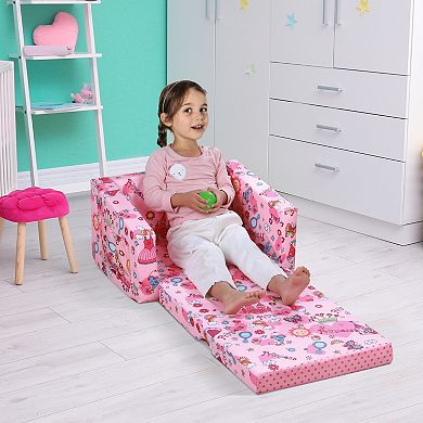 Qaba Kids Fold Out Couch/Chair Lounger with Space Themed Washable Fabric and Removable Cushion for 3 6 Years Old Pink