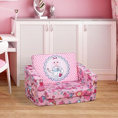 Qaba Kids Fold Out Couch/Chair Lounger with Space Themed Washable Fabric and Removable Cushion for 3 6 Years Old Pink