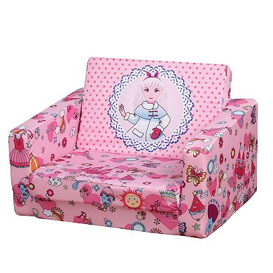 Qaba Kids Fold Out Couch/Chair Lounger with Space Themed Washable Fabric and Removable Cushion for 3 6 Years Old Pink