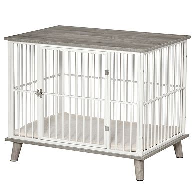 Wooden Dog Crate With Surface, Stylish Pet Kennel, Magnetic Doors, Grey
