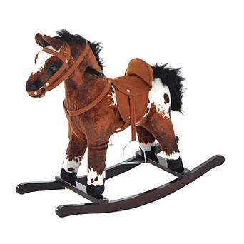 Qaba Kids Metal Plush Ride On Rocking Horse Chair Toy With Realistic Sounds  Dark Brown/White