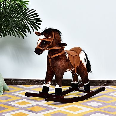 Qaba Kids Metal Plush Ride On Rocking Horse Chair Toy With Realistic Sounds Dark Brown/White