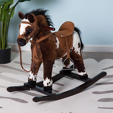 Qaba Kids Metal Plush Ride On Rocking Horse Chair Toy With Realistic Sounds   Dark Brown/White