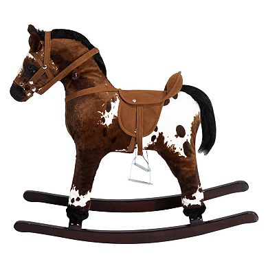 Qaba Kids Metal Plush Ride On Rocking Horse Chair Toy With Realistic Sounds   Dark Brown/White