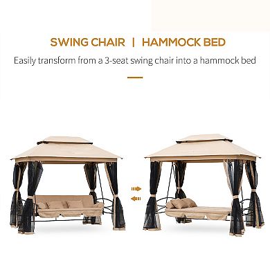 3 In 1 Folding Patio Swing W/ Canopy Outdoor Gazebo, Vented Top, Pillows, Grey