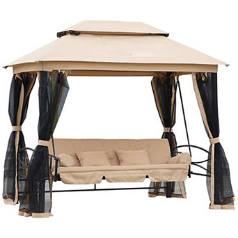 3 in 1 Folding Patio Swing W/ Canopy Outdoor Gazebo, Vented Top, Pillows, Grey