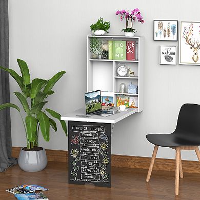 HOMCOM Wall Mounted Foldable Desk for Writing or Computer with a Blackboard for Notes Book Storage and Space Saving