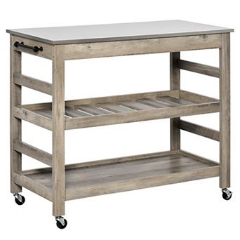 HOMCOM Rolling Kitchen Cart with Stainless Steel Countertop and 2 Open Shelves