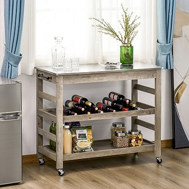 Wood Grain Serving Cart With 1 Bottom Shelf And 1 Middle Slotted Shelf, Grey