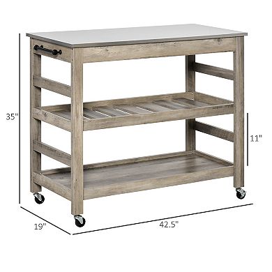 Wood Grain Serving Cart With 1 Bottom Shelf And 1 Middle Slotted Shelf, Grey