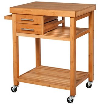 HomCom Bamboo Kitchen Island Cart on Wheels, 2 Storage Drawers, Towel Rack