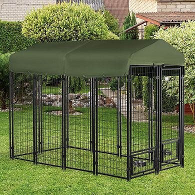 8' X 4' X 6' Outdoor Dog Shelter Kennel, Uv & Water Resistant Canopy, 2 Bowls