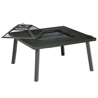 Outsunny 34inch Fire Pit with Grill, Spark Screen, Fire Poker, Cover, Table Lip