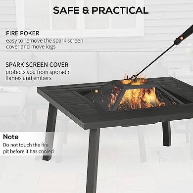 Outsunny 34inch Fire Pit with Grill, Spark Screen, Fire Poker, Cover, Table Lip