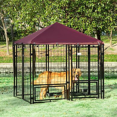 4.6' X4.6' X5' Indoor/outdoor Metal Dog Kennel House W/ 2 Food Bowls & Lock