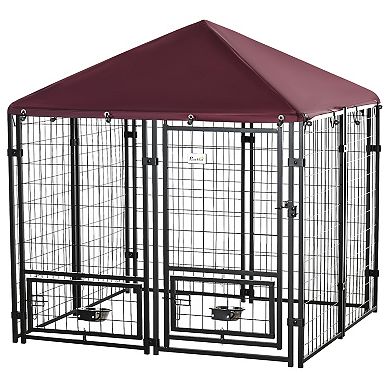 4.6' X4.6' X5' Indoor/outdoor Metal Dog Kennel House W/ 2 Food Bowls & Lock