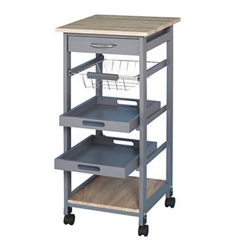 Indoor Moving Microwave Cart W/ Slide-out Wire Storage Basket & Wheels, Grey
