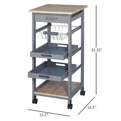 Indoor Moving Microwave Cart W/ Slide-out Wire Storage Basket & Wheels, Grey