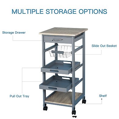 Indoor Moving Microwave Cart W/ Slide-out Wire Storage Basket & Wheels, Grey
