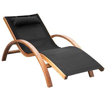 Patio Mesh Wood Recliner Chaise Lounge Chair Lounger W/ Cushion - Black