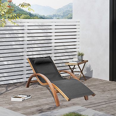 Patio Mesh Wood Recliner Chaise Lounge Chair Lounger W/ Cushion - Black