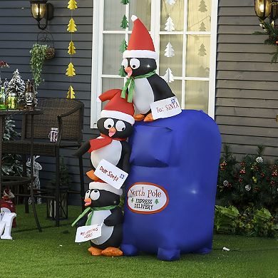 HOMCOM 6ft Christmas Inflatable North Pole Mailbox with Penguins Outdoor Blow Up Yard Decoration with LED Lights Display
