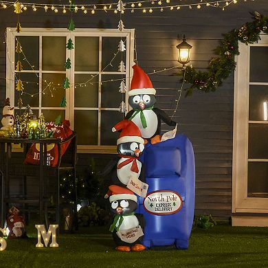 HOMCOM 6ft Christmas Inflatable North Pole Mailbox with Penguins Outdoor Blow Up Yard Decoration with LED Lights Display