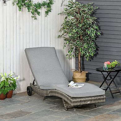Outsunny Outdoor PE Rattan Patio Chaise Lounge Chair with 5 Backrest Angles and 2 Wheels for Easy Movement Grey