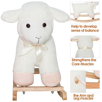 Qaba Lamb Rocking Horse Sheep Nursery Stuffed Animal Ride On Rocker for Kids Wooden Plush White