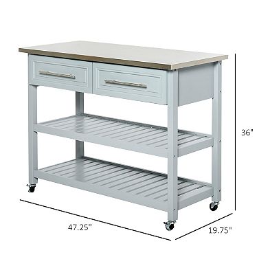 Pine Wood Mobile Kitchen Island Utility Cart W/ Stainless Steel Gray
