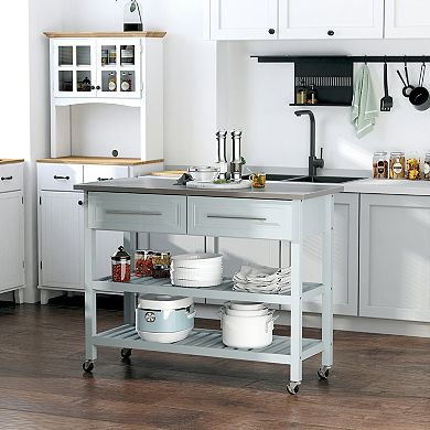 Pine Wood Mobile Kitchen Island Utility Cart W/ Stainless Steel Gray