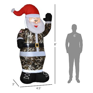 HOMCOM 8ft Lighted Display Camo Santa Claus Inflatable Yard Décor
