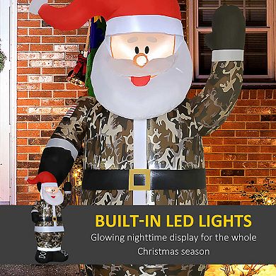 HOMCOM 8ft Lighted Display Camo Santa Claus Inflatable Yard Décor