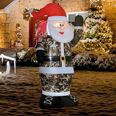 HOMCOM 8ft Lighted Display Camo Santa Claus Inflatable Yard Décor