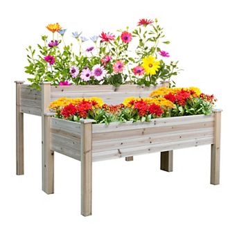 Outdoor/indoor Raised Garden Bed Elevated Wooden Planter Box W/ 2 Compartments
