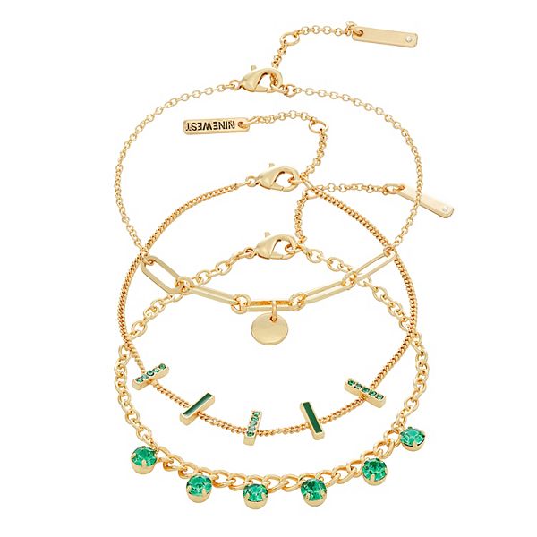 Nine West Gold Tone Green Crystal 3Pack Anklets Set