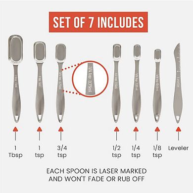 Chef Pomodoro Stainless Steel Measuring Cup Set, Nested and Stackable with 7 Pieces, Sturdy Extra-long Handles with Lasered Markings and Sorting Ring, Metal Kitchen Spoons for Wet and Dry Ingredients