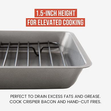 Chef Pomodoro Nonstick Carbon Steel Small Roasting Pan Roaster With Flat Rack, Petite Mini