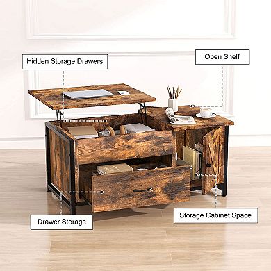 FABATO 41.7 Inch Lift Top Rustic Open Storage Coffee Table with Drawers, Brown