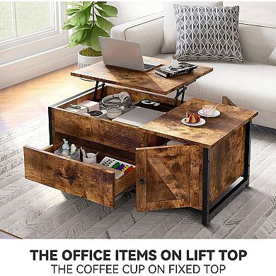 FABATO 41.7 Inch Lift Top Rustic Open Storage Coffee Table with Drawers, Brown