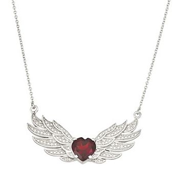 Jewelexcess Sterling Silver Genuine Garnet & White Topaz Heart & Wings Pendant Necklace
