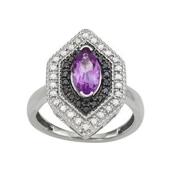 Jewelexcess Sterling Silver Genuine Amethyst & 1/3 Carat T.W. Black & White Diamond Ring