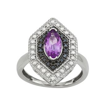Jewelexcess Sterling Silver Genuine Amethyst & 1/3 Carat T.W. Black & White Diamond Ring